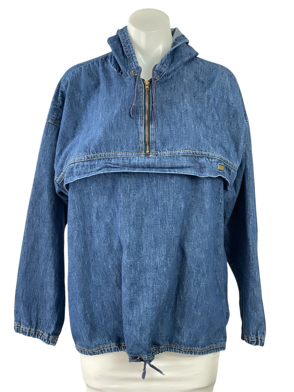 Lee Women's Blue Hoodie Hooded 1/4 Zip Long Sleeve Denim Jean Popover Jacket M
